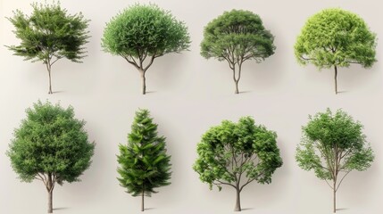 Fototapeta premium Collection of various tree species with different shapes and foliage, perfect for nature, landscaping, and botanical projects.