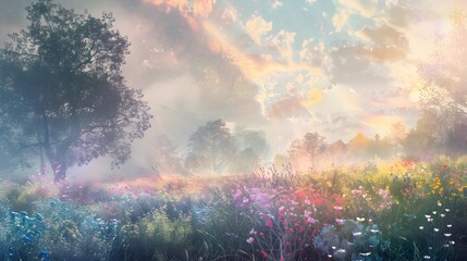 Obraz premium Ethereal rainbow spectrum crossing a wild grassy meadow in soft daylight. 