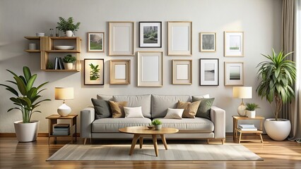 Living room wall art frame mockup with various designs and sizes , home decor, interior design, living room, wall art