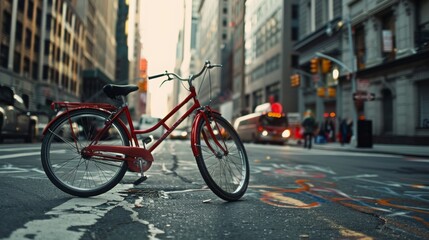 red bicycle on the street of New York with no people around, hyperrealistic