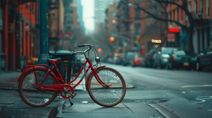 red bicycle on the street of New York with no people around, hyperrealistic