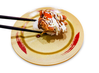 Top view of Japanese fresh fried chicken with Japanese rice in gold plate, focus selective