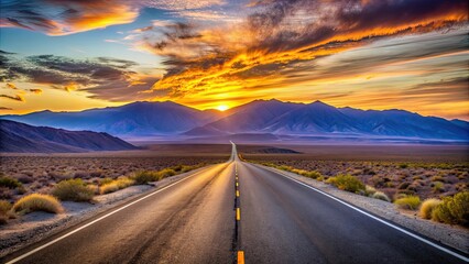 Fototapeta premium Highway at sunrise, disappearing into the endless expanse of Death Valley National Park , road, highway, sunrise, landscape