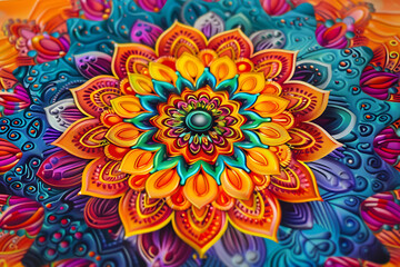 Brightly colored mandala for meditation, featuring intricate patterns and vivid hues, designed to inspire tranquility and focus