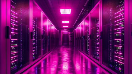 Fototapeta premium Modern server room with racks of network servers, led lights