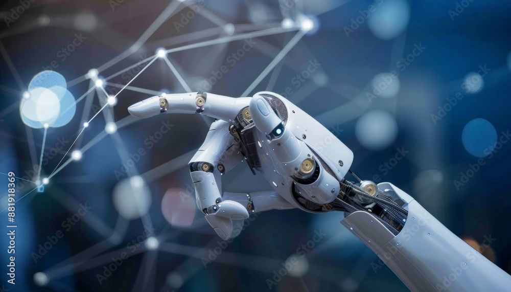 Aufkleber robotic hand touches digital network interface point in technological future. minimalistic and futur