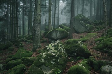 Misty Dark Forest with Tall Trees and Mossy Rocks Captured from Low Angle with Depth of Field in Muted Colors