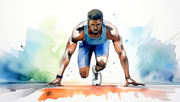 Dynamic illustration of a professional runner in action, competition, sports games, summer olympic games. Running. Man. Illustration.