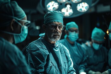 Fototapeta premium A surgeon performing an operation in a sterile, state-of-the-art operating room, surrounded by a focused surgical team. 