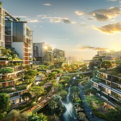 Obraz premium Vibrant Eco-Friendly Cityscape Showcasing Lush Greenery, Sustainable Architecture, and Community-Centric Urban Planning with an Emphasis on Social Responsibility and Environmental Stewardship.