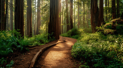 Obraz premium Scenic trail through dense redwood forest in Redwood National Park