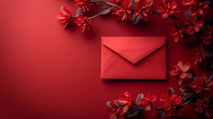 Red Envelopes with blank empty card on red background, flat lay minimal, Chinese New Year celebration