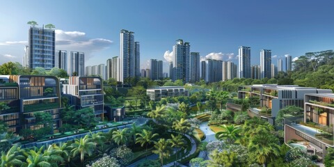 Obraz premium Vibrant Eco-Friendly Cityscape Showcasing Lush Greenery, Sustainable Architecture, and Community-Centric Urban Planning with an Emphasis on Social Responsibility and Environmental Stewardship.