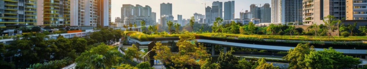 Fototapeta premium Vibrant Eco-Friendly Cityscape Showcasing Lush Greenery, Sustainable Architecture, and Community-Centric Urban Planning with an Emphasis on Social Responsibility and Environmental Stewardship.