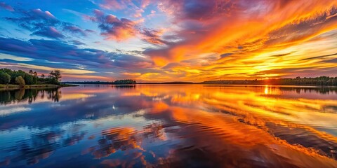 Vibrant sunset reflecting on the calm lake surface , sunset, lake, water, reflection, colorful, nature, evening, dusk