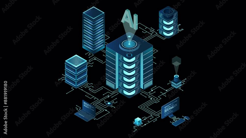 Poster isometric artificial intelligence technology animation. isometric cloud computing concept. artificia