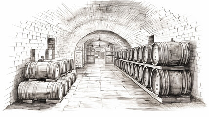 Wine cellar. Wine production in sketch style. Hand drawing. Black and white graphics. Ai generation