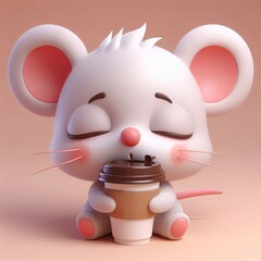Cute Mouse Sleepy Holding Coffee Cartoon 3d Generative AI