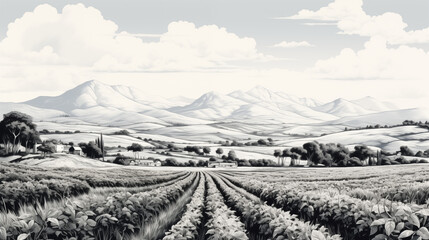 Farm field. Cereals plantation landscape in hand drawn style. Nature with hills and fields. Black and white. Generative AI	
