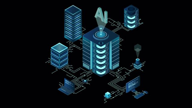 Isometric artificial intelligence technology animation. Isometric cloud computing concept. Artificial intelligence neural network future technology. Transparent background with alpha channel