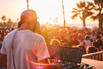 Fototapeta premium DJ Performing at a Sunset Beach Party with Vibrant Crowd and Palm Trees in Background