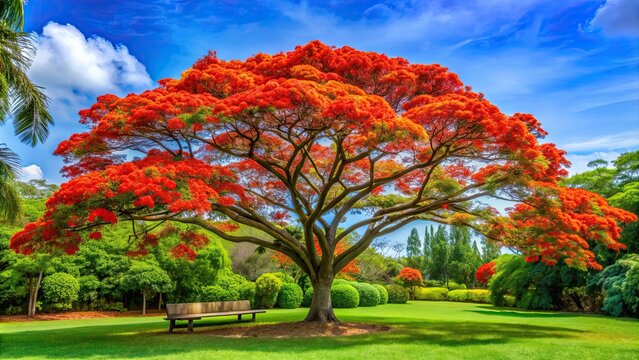 Tropical garden featuring a vibrant red Royal Poinciana tree in full bloom , lush, exotic, foliage, vibrant, tropical