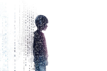 Child made from binary code on a white background in a wireframe plexus style, illustrating the intersection of technology and human life in digital art form
