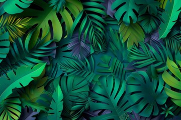 Fototapeta premium 3D Paper Texture Background with Lush Tropical Leaves in Various Green Shades