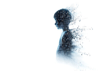 Child made from binary code on a white background in a wireframe plexus style, illustrating the intersection of technology and human life in digital art form