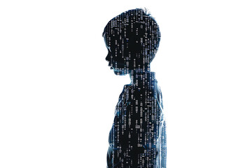 Child made from binary code on a white background in a wireframe plexus style, illustrating the intersection of technology and human life in digital art form
