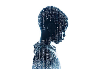 Child made from binary code on a white background in a wireframe plexus style, illustrating the intersection of technology and human life in digital art form