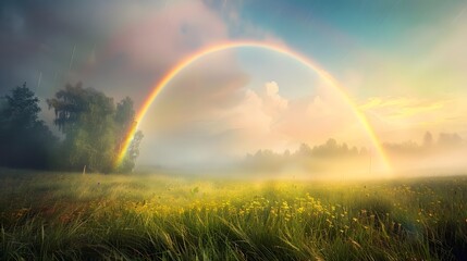 Ethereal rainbow spectrum crossing a wild grassy meadow in soft daylight. 