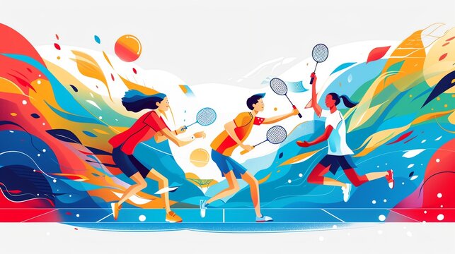 Colorful Badminton Players Illustration.