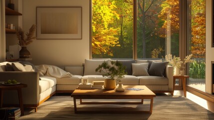 Obraz premium Cozy living room with a large window showcasing vibrant autumn trees, featuring modern furniture and warm natural light accents.