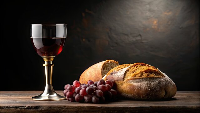 Symbolic communion with wine and bread on black background, communion, sacrament, religious, Christianity, symbol