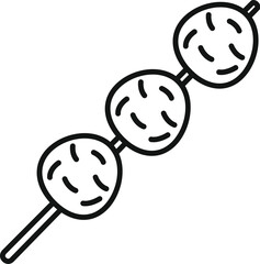 Line drawing of a skewer holding three round pieces of food with lines on them, simple minimalist style for logos and illustrations