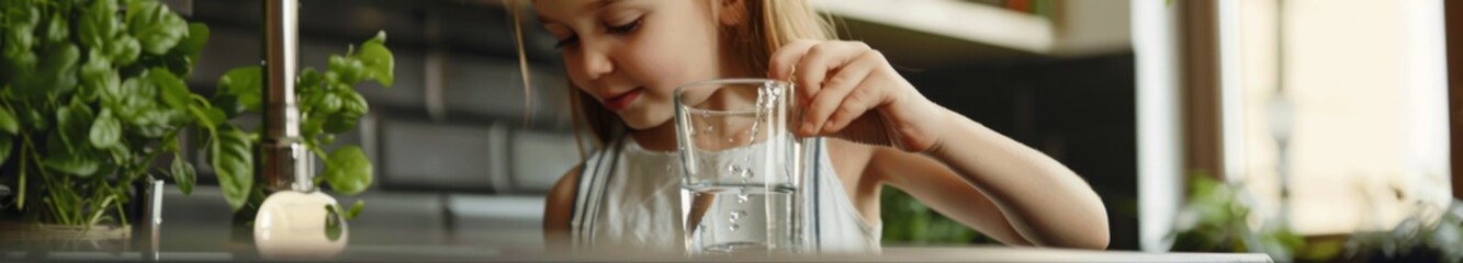 Obraz premium Little Girl Fills a Glass with Pure, Safe, and Clean Water from a Tap, Illustrating the Benefits of a Home Water Filtration System.
