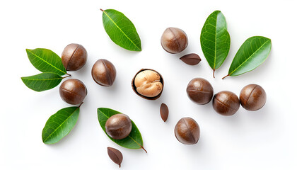 Macadamia nuts isolated on white background. Top view. Flat lay