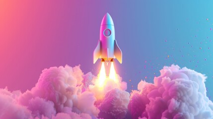 A 3D rendered illustration of a rocket launching upward into a vibrant pink and blue sky,  symbolizing  achievement and innovation.