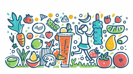A cartoon image of a person making a healthy smoothie with fruits and vegetables.