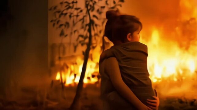 Family mother with children at burning house background