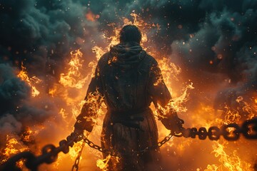 man breaking free of chains in fire, concept of freedom