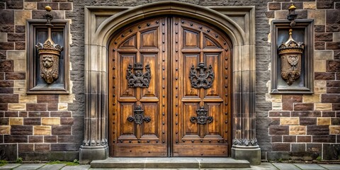 Towering dark oak castle door with noble house crests, symbolizing past glory and splendor, castle, entrance, main hall