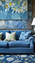 A blue couch sitting in a living room next to a lamp