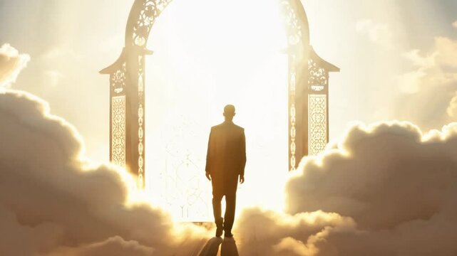 church concept: worship and praise. Heavenly spirit. Human walking on clouds to gate of heaven. Angel in sky clouds. Hope and believe concept of god. 4k video