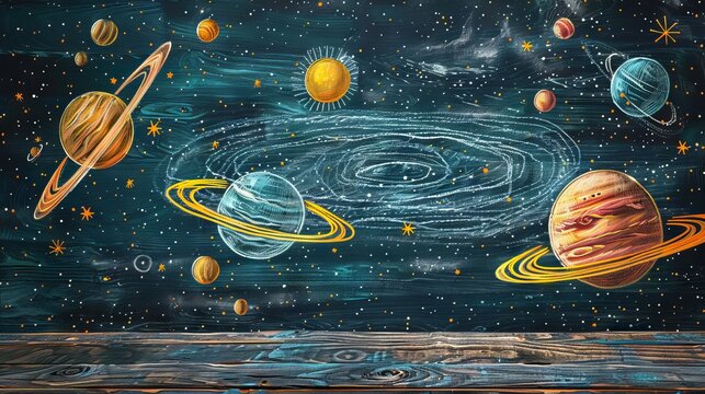 The image shows a beautiful watercolor painting of the solar system