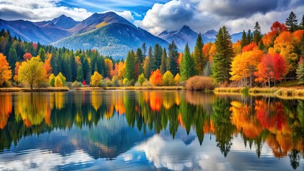 Fototapeta premium Tranquil autumn lake reflecting colorful trees and mountains, scenic, fall landscape, serene, calm, peaceful, water, reflection
