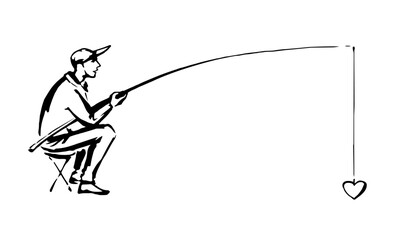 Obraz premium Vector drawing. The fisherman catches the heart