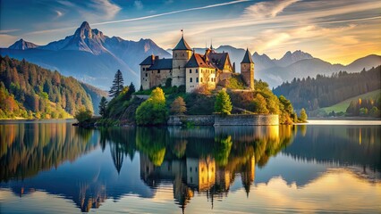 Fototapeta premium Majestic castle perched on the edge of a serene lake, castle, lake, water, reflection, architecture, landmark, majestic
