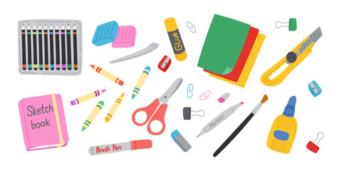 Art crafting items set with scissors and modeling clay in flat hand drawn style. Colorful educational or school stationary stickers isolated on white background. Good for decoration or labels